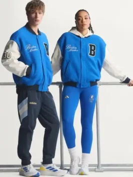 Boston Marathon varsity jacket with event-inspired athletic styling.