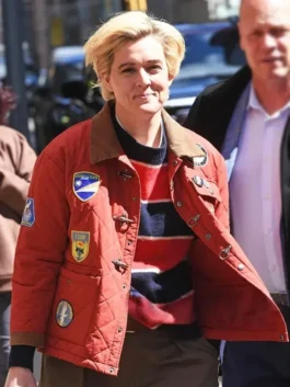 Brandi Carlile NYC Red Quilted Jacket with clean front styling.
