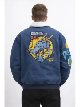 Back view of Dragon Ball x BREEZE Denim Boa Jacket featuring large embroidered dragon graphic on blue denim