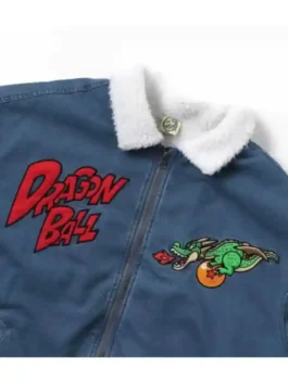 Front logo detail of Dragon Ball x BREEZE Denim Boa Jacket with embroidered Dragon Ball and dragon graphics