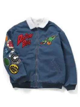 Front flat lay view of Dragon Ball x BREEZE Denim Boa Jacket with anime patches and sherpa collar