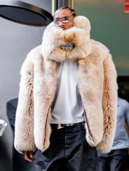 SGA beige fur coat with plush oversized outerwear look.