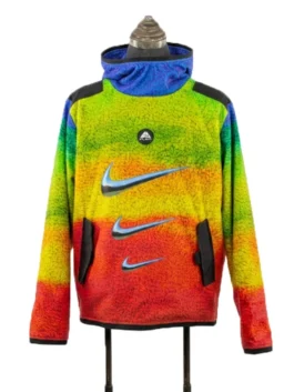 Rainbow Gradient Pullover Hoodie Featuring a High Gaiter Scuba Neckline and Stacked Metallic Typography Graphics on Front