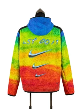 Back View of Rainbow Gradient Hooded Pullover Jacket with Bold Metallic Slogan and Stacked Graphic Accents