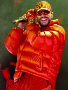 Ryan Castro jacket with bright red color and relaxed winter style.