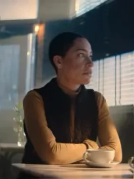 Cush Jumbo brown vest inspired by Criminal Record Season 2 character fashion.