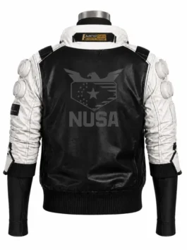 Cyberpunk 2077 Nusa Cosplay Jacket back view showing rear panels, sleeve shape, and futuristic jacket fit