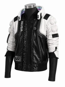 Cyberpunk 2077 Nusa Cosplay Jacket side view showing sleeve details, jacket profile, and structured fit