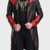 Front view of DMC Devil May Cry Dante black leather trench coat with red sleeves and hood design