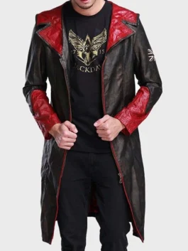 Front view of DMC Devil May Cry Dante black leather trench coat with red sleeves and hood design