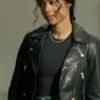 Daphne Black Leather Jacket front view showing collar, closure, pockets, and black leather design