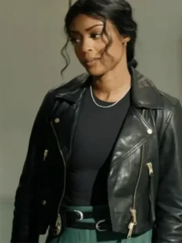 Daphne Black Leather Jacket front view showing collar, closure, pockets, and black leather design