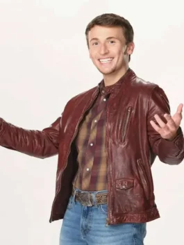 Dylan Carter The Voice S24 Brown Leather Jacket with smart TV-inspired styling.