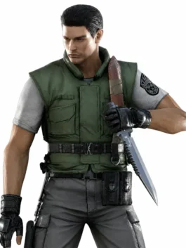 Evil Chris Redfield Green Tactical Vest front view showing pockets, straps, closure, and tactical design