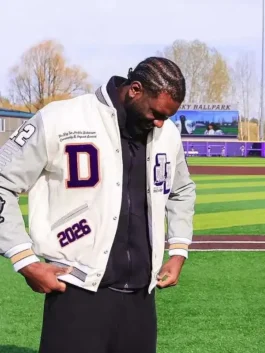 Jackie Robinson varsity jacket inspired by Franck Kepnang’s event style.