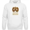 Front view of Investigate Frazzledrip white pullover hoodie with gold mask graphic and kangaroo pocket