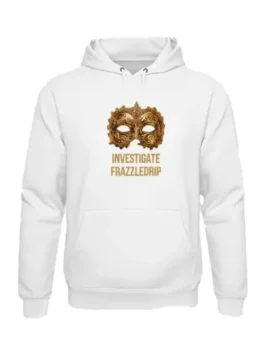 Front view of Investigate Frazzledrip white pullover hoodie with gold mask graphic and kangaroo pocket