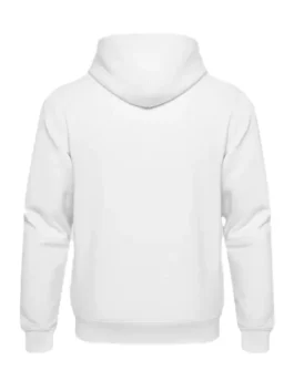 Back view of Investigate Frazzledrip white pullover fleece hoodie with hooded collar and rib-knit cuffs