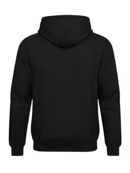 Back view of Investigate Frazzledrip black pullover fleece hoodie with hooded collar and rib-knit cuffs