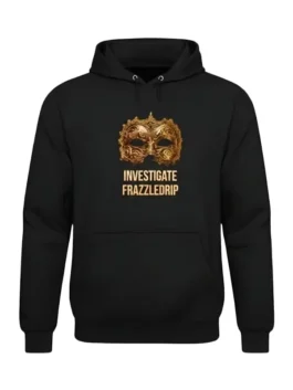 Front view of Investigate Frazzledrip black pullover hoodie with gold mask graphic and kangaroo pocket