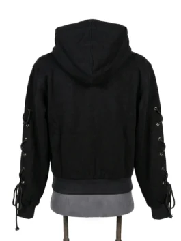 Back view of a premium black cropped fleece hoodie showing the plain minimalist rear panel and symmetrical side-laced sleeves.