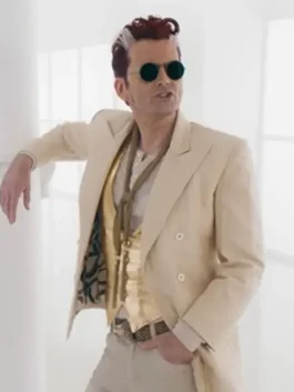 David Tennant beige blazer inspired by Good Omens Season 3 character fashion.