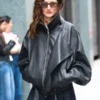 Grace Gummer ABC Studios Black Leather Jacket front view.
