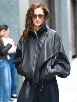 Grace Gummer ABC Studios Black Leather Jacket front view.