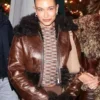 Hailey Bieber Brown Fur Leather Jacket with cozy celebrity-inspired styling.