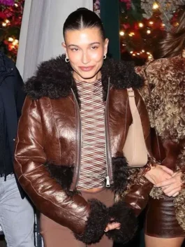 Hailey Bieber Brown Fur Leather Jacket with cozy celebrity-inspired styling.