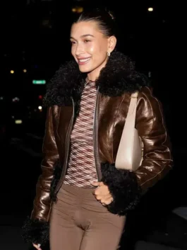 Brown fur leather jacket inspired by Hailey Bieber with warm outerwear appeal.