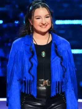 Hailey Wright Blue Fringed Jacket Front