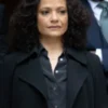 High Potential Selena Black Coat front view showing collar, closure, pockets, and black coat design