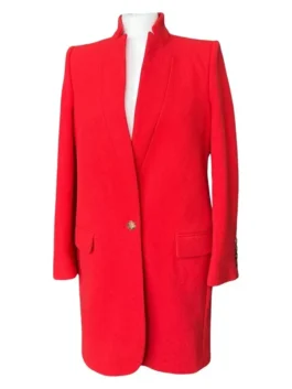 Will Trent S04 red coat with clean front design and polished wool look.