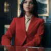 In the Grey 2026 Eiza González Red Blazer with bold movie-inspired styling.