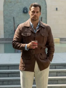 In the Grey 2026 Henry Cavill Brown Jacket with rugged movie-inspired styling.