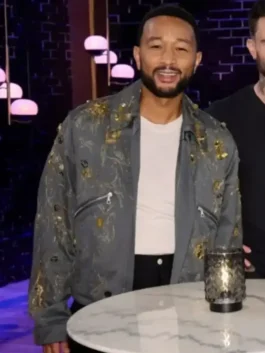 John Legend Grey Embellished Jacket closure view showing fastening detail, embellishment, and stitching