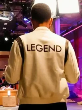 John Legend White Varsity Jacket back view showing rear design, sleeve shape, and relaxed varsity fit