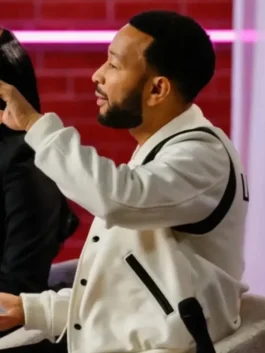 John Legend White Varsity Jacket side view showing white varsity style, sleeve shape, and clean fit