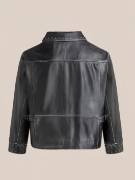 Off Campus black leather jacket with sleek character-based design.