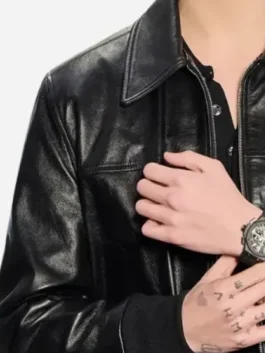 Watch Event 2026 black leather jacket with clean celebrity styling.