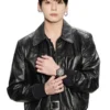 Jung Kook Watch Event 2026 Black Leather Jacket front view.