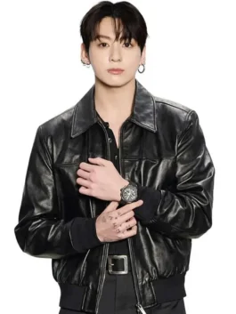 Jung Kook Watch Event 2026 Black Leather Jacket front view.