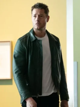 Tracker S03 green leather jacket with clean front design and bold outerwear look.