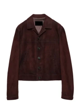 American Idol S24 suede jacket with clean front design and celebrity appeal.