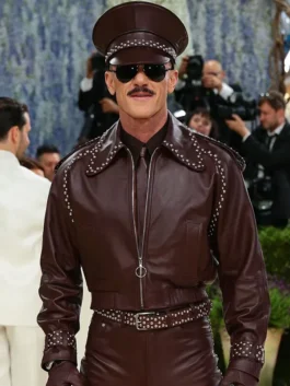 Luke Evans Met Gala Costume Art Leather Jacket front view.