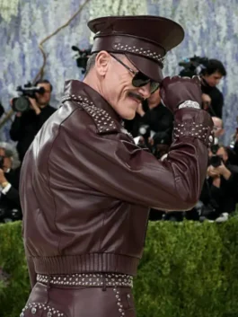 Luke Evans jacket with polished leather texture and neat shape.