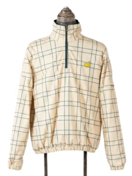Full front view of the cream and green windowpane check side of the Masters reversible jacket with a quarter-zip mock neck.