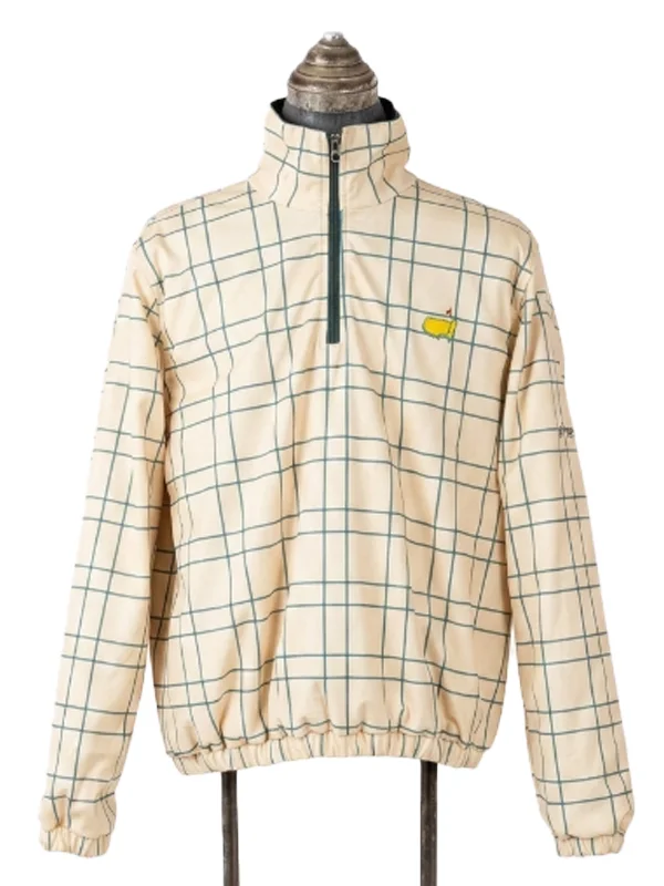 Full front view of the cream and green windowpane check side of the Masters reversible jacket with a quarter-zip mock neck.