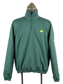 Front perspective of the solid tournament green side of the Masters reversible quarter-zip jacket with yellow chest emblem.